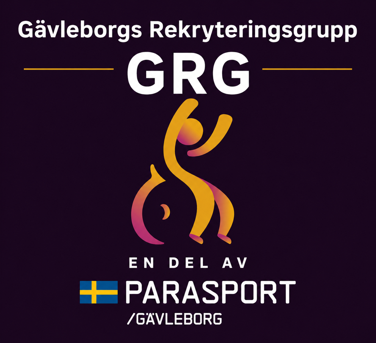 En stilren logotyp för Gävleborgs Rekryteringsgrupp (GRG) på mörklila bakgrund. Överst står “Gävleborgs Rekryteringsgrupp” i ett tydligt, vitt sans-serif-typsnitt. I mitten syns texten “GRG” i stor, fet stil, vilket ger stark kontrast och god läsbarhet. Under finns en stiliserad figur i varma färgtoner (gult/orange/lila) som symboliserar rörelse och inkludering. Längst ner står “EN DEL AV PARASPORT GÄVLEBORG” tillsammans med en svensk flagga, även detta i ett tydligt och lättläst typsnitt. Designen är modern, luftig och anpassad för god tillgänglighet.