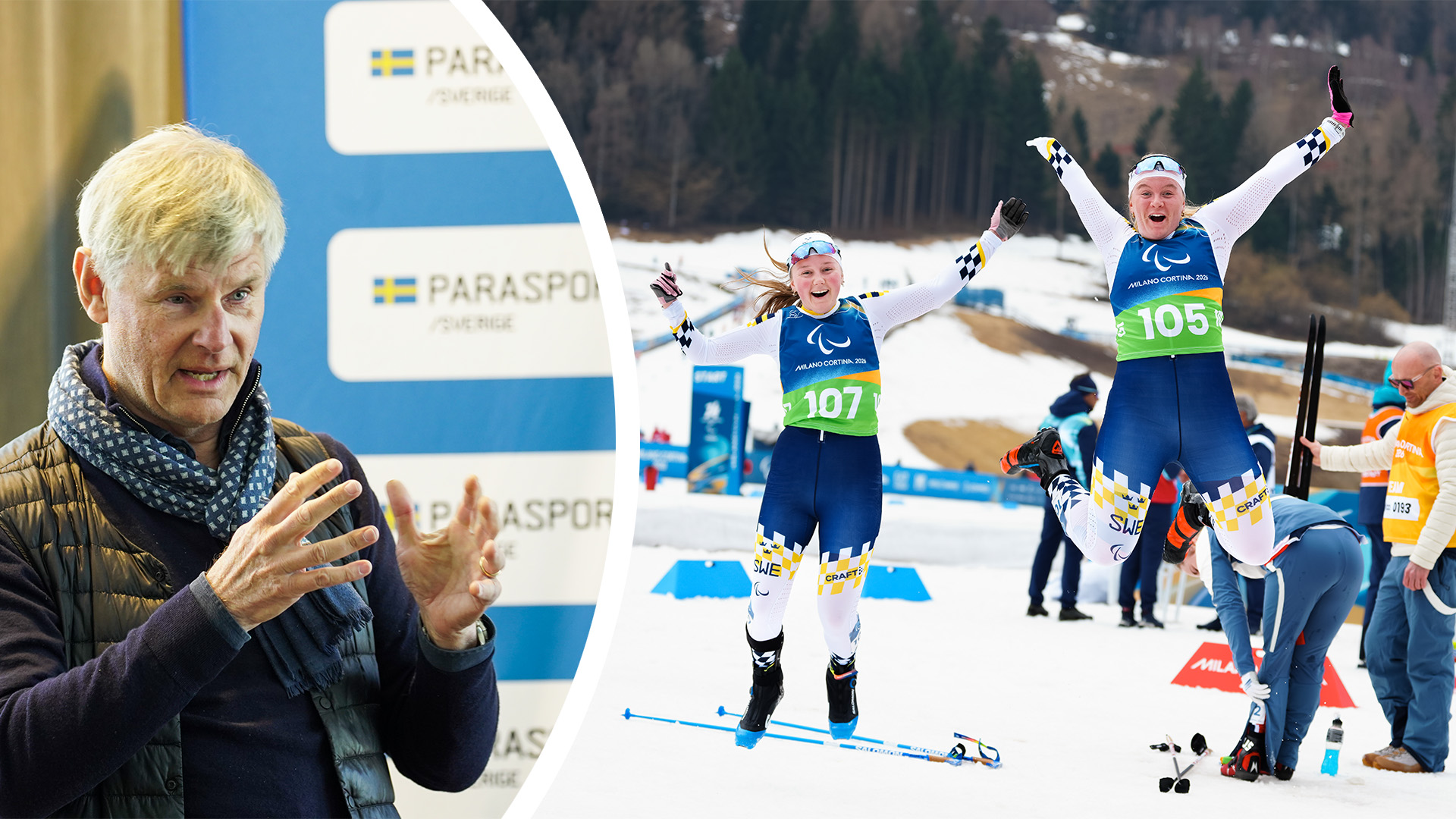 Claes Ekström till vänster och Ellen Westerlund och Alice Morelius till höger efter ett lopp från Paralympics i Italien. 