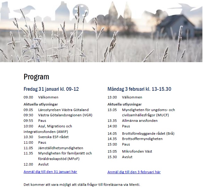 Program för webbsändningar 31 januari och 3 februari om medel att söka för ett socialt hållbart Västra Götaland 2025.