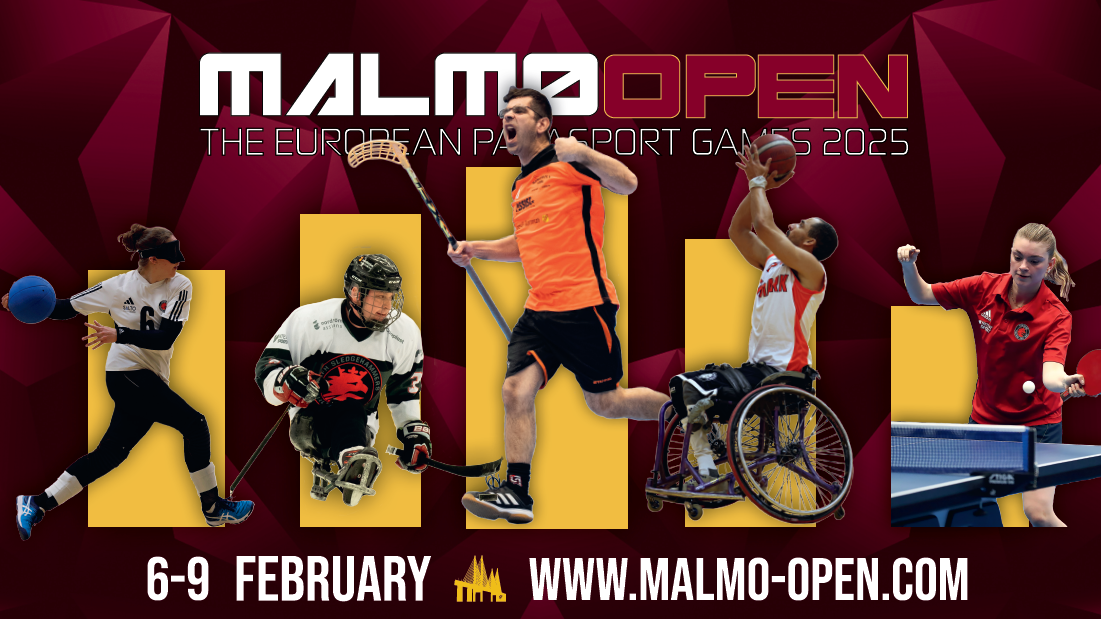 Bild på fem personer som utövar idrotterna goalball, paraishockey, innebandy, rullstolsbasket och bordtennis. Texten: Malmö Open 2025.