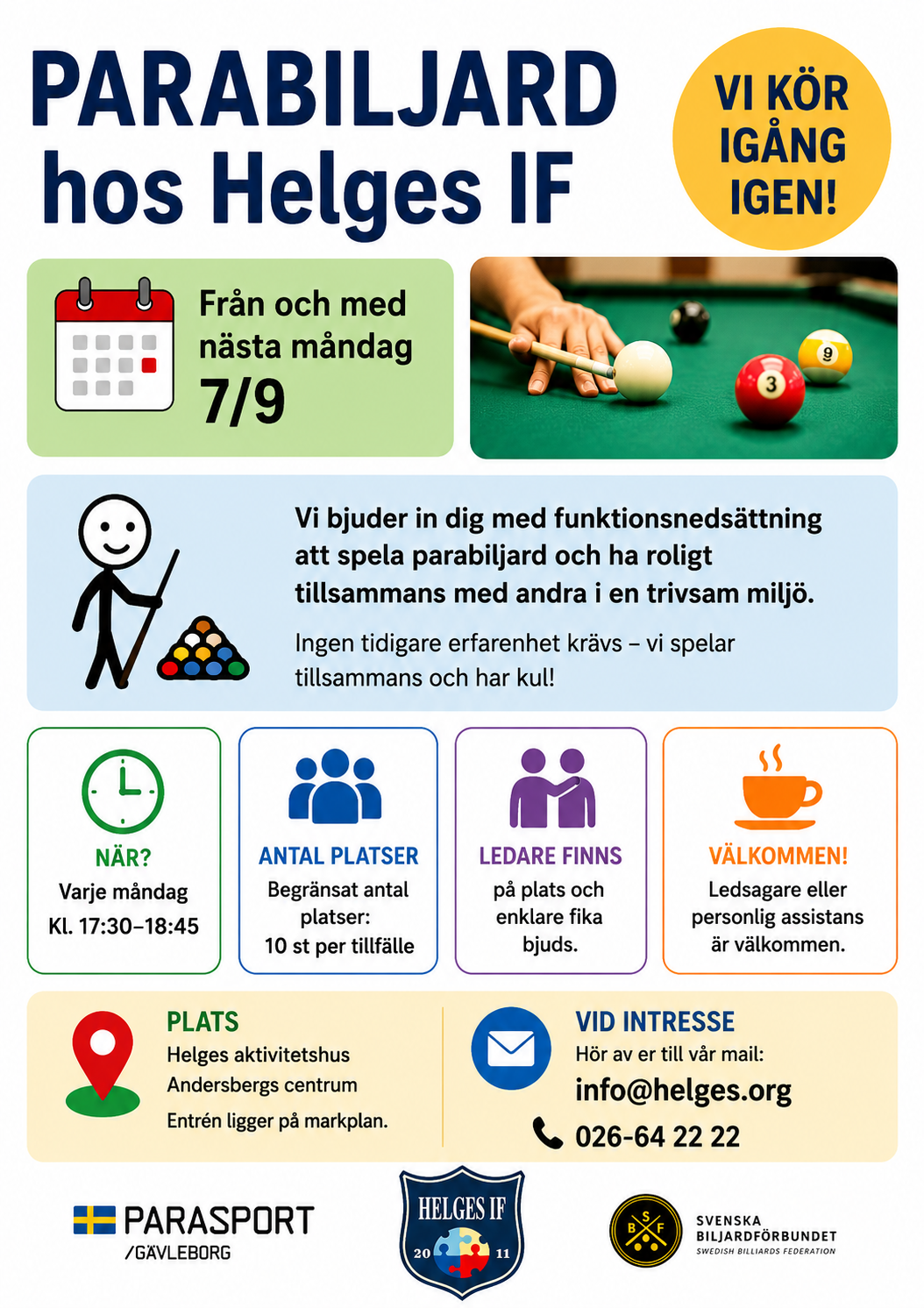 Parabiljard med Helges IF Hösttermin 2026