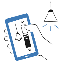 En hand som håller en mobiltelefon och justerar ljuset på lamporna i rummet. Illustration.
