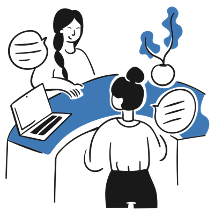 Två personer pratar med varandra över en receptionsdisk. Illustration.