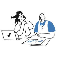 Två personer sitter och går igenom bilderna i presentationen. Illustration.