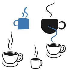 En samling te- och kaffekopppar med rykande varm vätska i. Illustration.