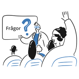 En presentatör står framför en presentation med en bild som säger “Frågor ?” En person i publiken räcker upp handen. Illustration.