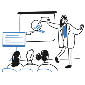 En person presenterar bredvid en stor skärm, i mikrofon och med publik framför. Vid sidan av den stora skärmen finns en TV-monitor som visar undertexter av det som sägs. Illustration.