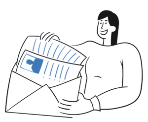 En person lägger i doument i ett kuvert. Illustration.