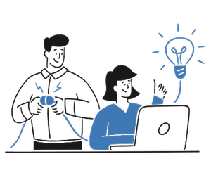 IT-support hjälper en person vid en dator att få tekniken att fungera. Illustration.
