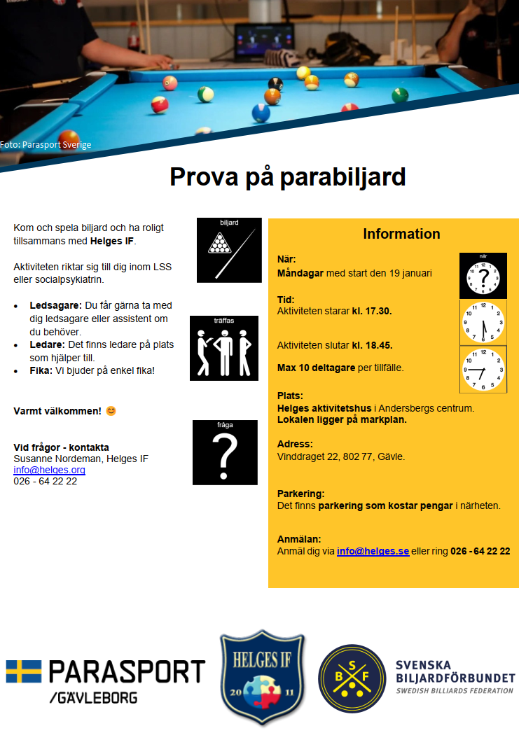 Inbjudan Parabiljard med Helges IF