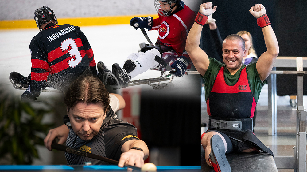 Montage. Två paraishockeyspelare, biljardspelaren Henrik Larsson och styrkelyftaren Ali Abou Gadied.