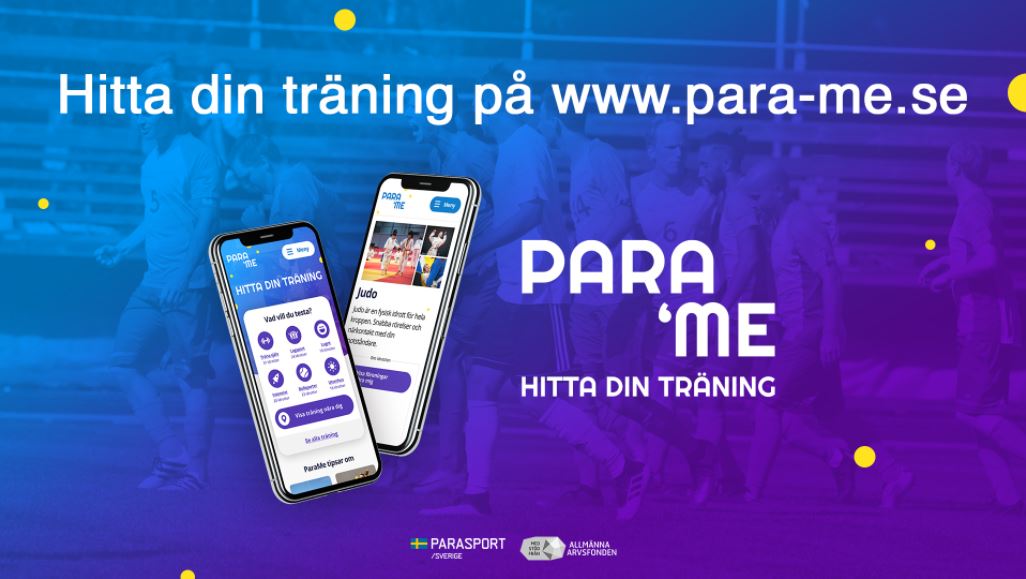 Bild på mobiltelefoner samt texten "Hitta din träning på www.para-me.se "