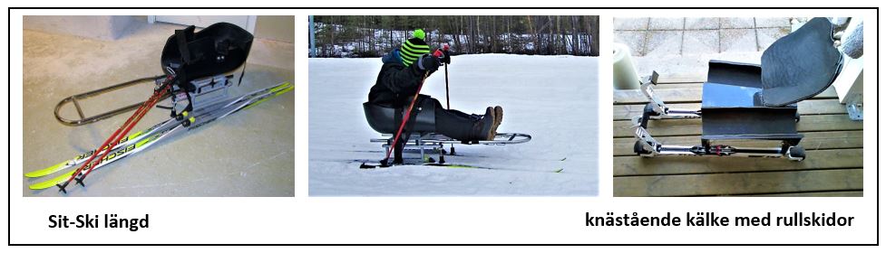 Sit-ski längd och knästående kälke med rullskidor