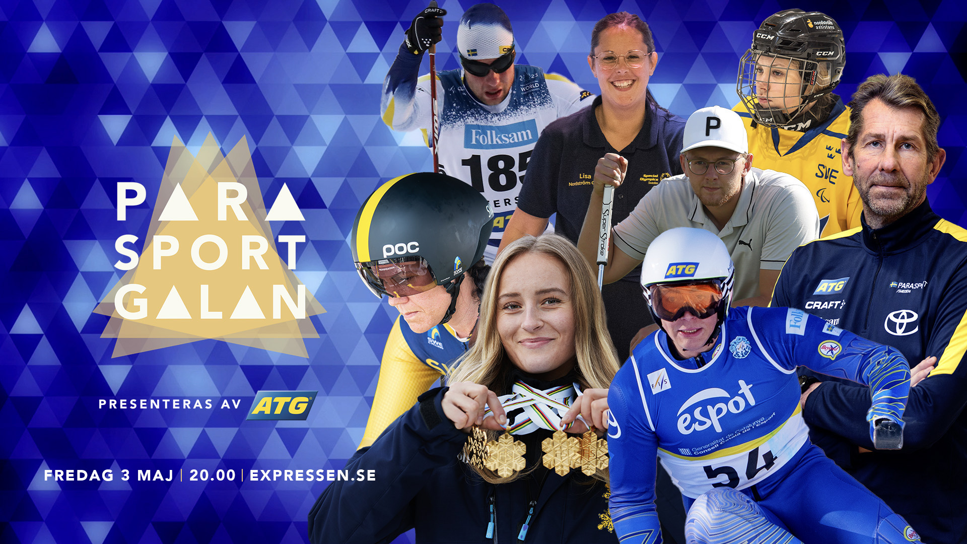 Bilden visar Parasportgalans logotyp och ett bildkollage av fler kända proifel som Ebba Årsjö Magnus Wislander mfl.