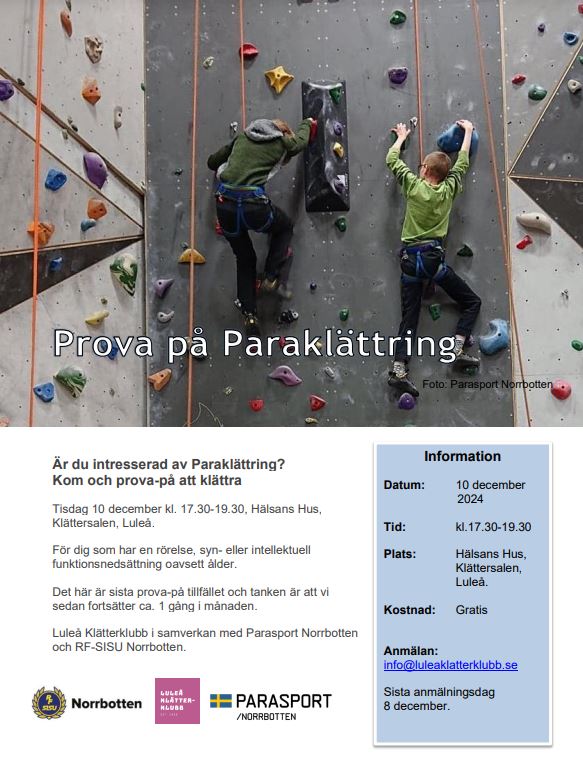 Foto på två aktiva klättrare som är på väg upp för väggen. Test med samma info som inlägget.