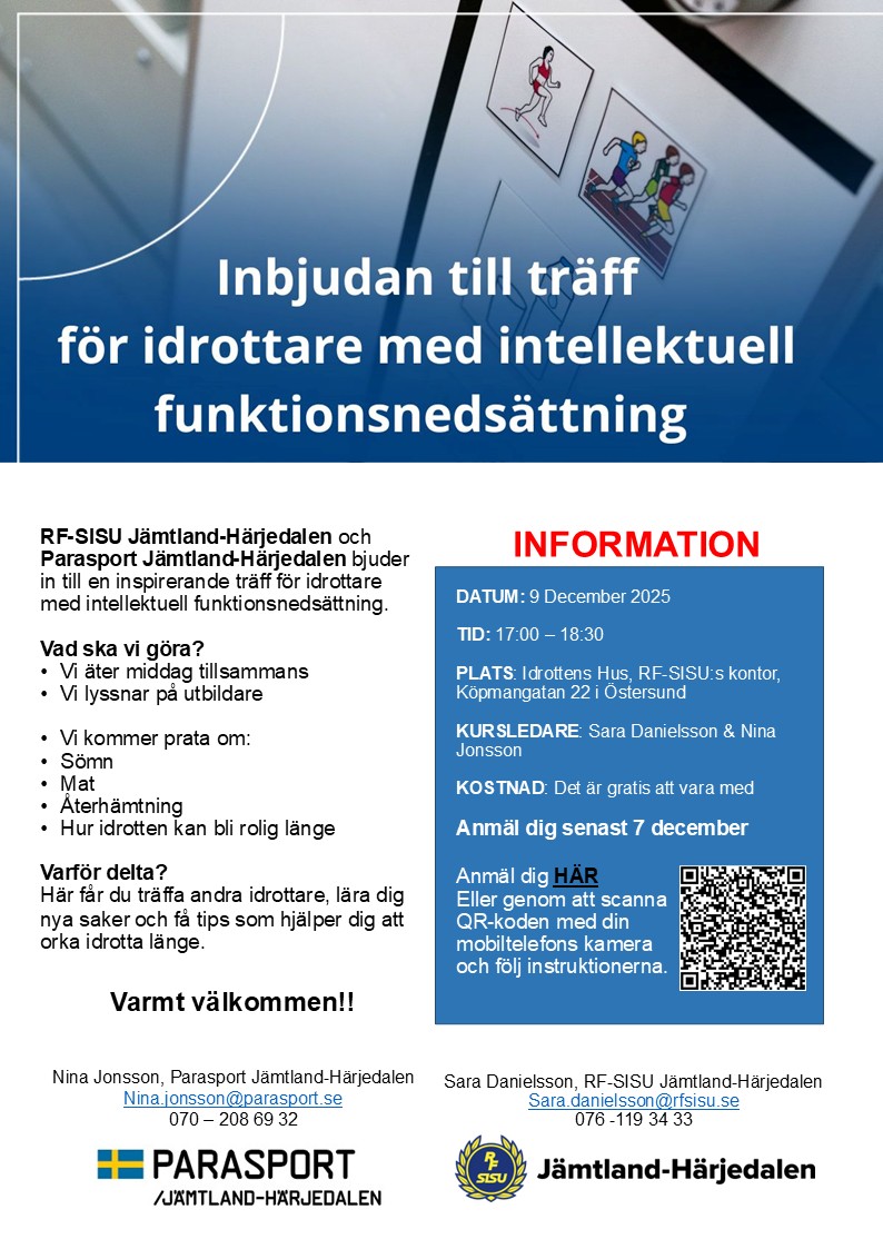 Inbjudan till träff för idrottare med intellektuellfunktionsnedsättning. Samma text som i inlägget.