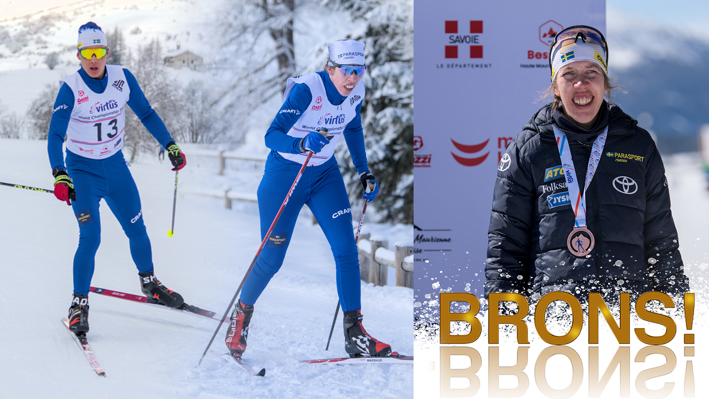 Rasmus Adervall till vänster och Kristin Björfeldt i mitten under tävling. Till höger är ytterligare en bild på Kristin med medaljen runt halsen.